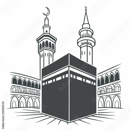 Black and white illustration of the kaaba in mecca saudi arabia