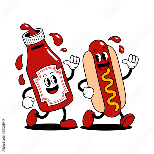 Funny Hot Dog and Ketchup Bottle Cartoon Illustration