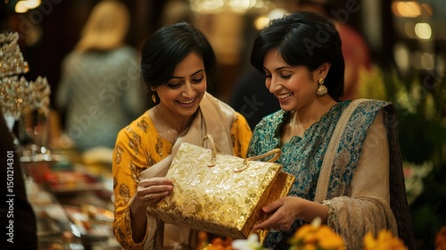 Two women interact at a reception desk.