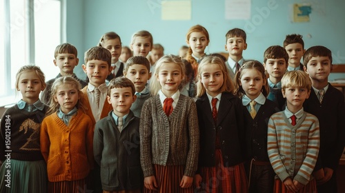 A joyful group of seven children and one adult are posing for a photo in a brightly lit classroom.