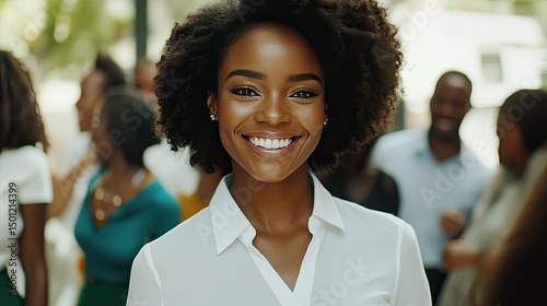 A smiling woman with short, wavy blonde hair stands in a conference setting, wearing a white blouse with ruffles and olive green pants.