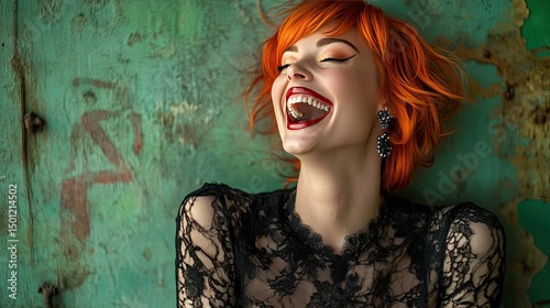 A person with bright orange curly hair laughs joyfully against a vibrant pink background.