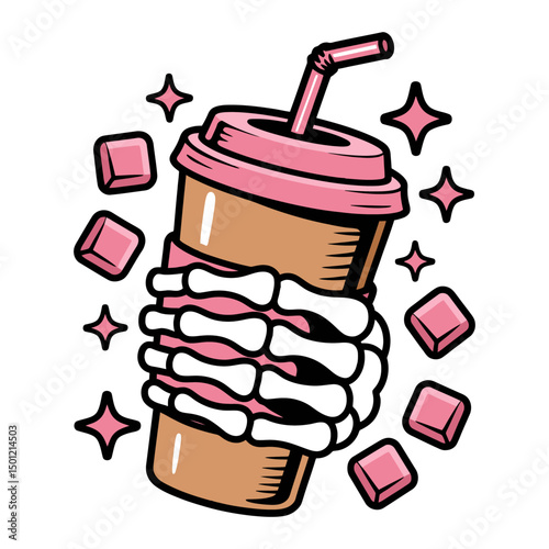 Skeleton Hand Holding Iced Coffee Cup with Pink Ice Cubes Illustration