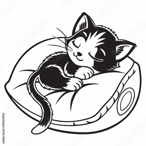 Cute cat sleeping peacefully on a soft pillow vector illustration