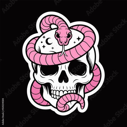 Pink Snake Wrapped Around Human Skull Illustration