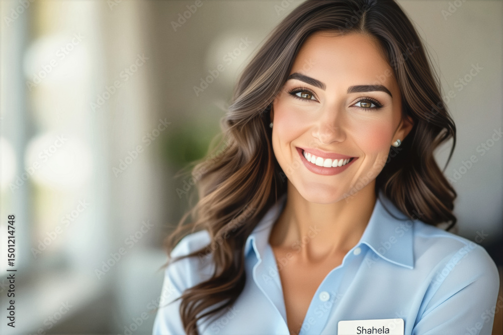 Obraz premium A smiling young woman with long brown hair and light skin looks directly at the camera, wearing a light blue shirt with a name tag.