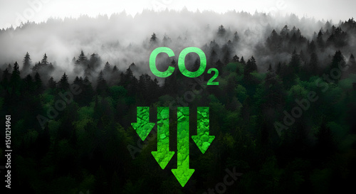 CO2 Reduction: Forest absorbing carbon dioxide, green concept on misty dark background.