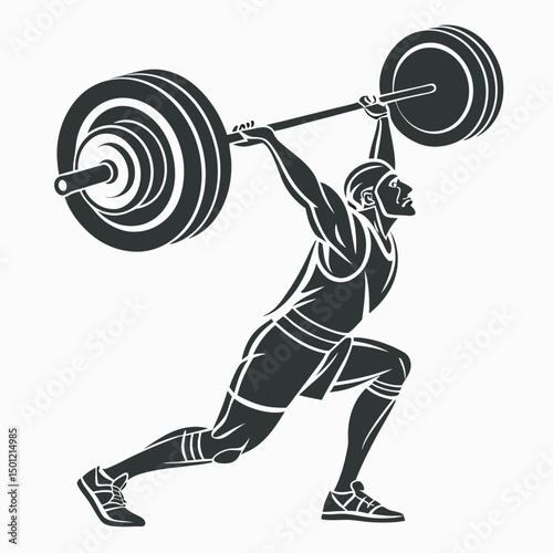Weightlifter athlete lifting heavy barbell illustration in black and white silhouette style