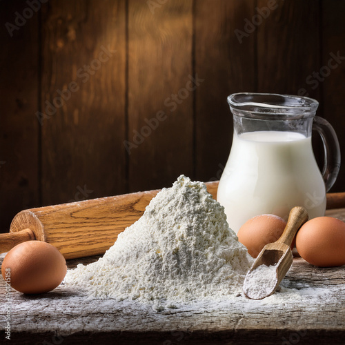 A pile of flour with fresh eggs, a jug of milk and a rolling pin with a rustic background