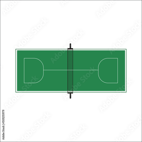 Top-down flat vector illustration of a green tennis court with clear markings and net, isolated on white background, ideal for sports, tennis, competition, and outdoor activity-themed projects.

