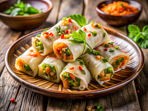 Delicious Fresh Spring Rolls on Rustic Wooden Table. Perfect for Food Blogs and Culinary Projects. Delicious food background