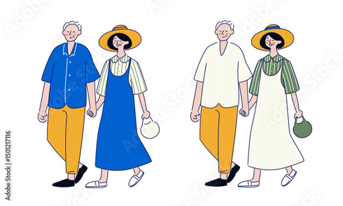 夏の帽子スタイルのシニア夫婦イラストセット