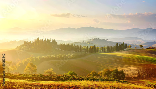 Impressive panorama Italian landscape, view with cypress trees, vineyards and farmer's fields. Tuscany, Italy
