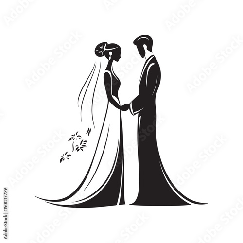 Vector illustration of a silhouette of a couple of bride and groom in a romantic pose depicting a sacred and loving moment isolated on white background.