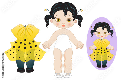 Simple paper doll for kids with yellow ladybug dress