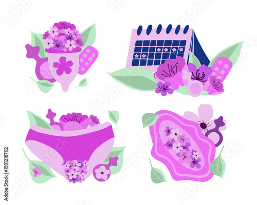 Vector isolated illustration of menstrual set. Women's health.
