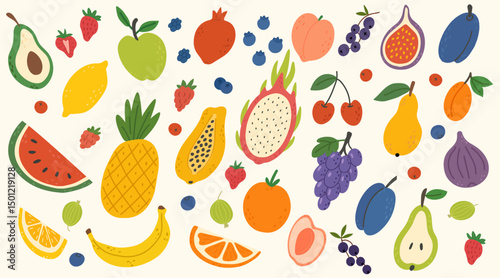 Set of various tropical fruits. Hand drawn colorful fruits and berries in doodle style. Banana, pineapple, peach, strawberry, raspberry, pear, pineapple, lemon, orange, dragon fruit, avocado, papaya