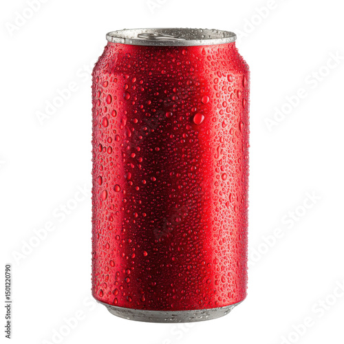 Wet, red aluminum can isolated on transparent background