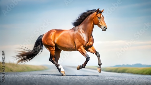 Brown horse is running on road