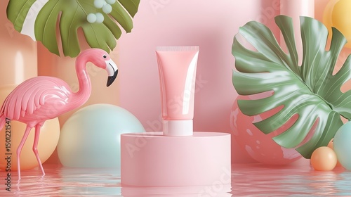 Tropical leaves surround a pink tube placed near the flamingo in rippled water scene