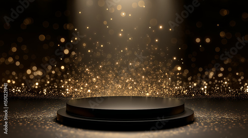Photo of Elegant black podium illuminated by golden bokeh lights creating a stage for product display and presentation