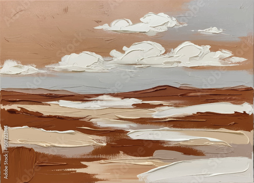 Abstract landscape with bold brushstrokes, earthy tones, and dreamy clouds, evoking movement, texture, and emotional depth in painting