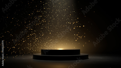 Photo of Elegant black podium illuminated by golden spotlight with shimmering particles creating a dramatic presentation scene
