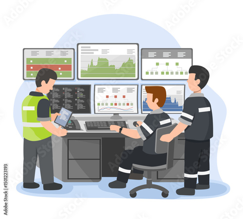 data center control room engineering team monitoring real-time server performance and system analytics in a high-tech flat cartoon