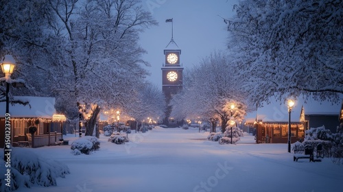 Snow-covered clocktower standing tall in the center of a quiet town square, Generative AI
