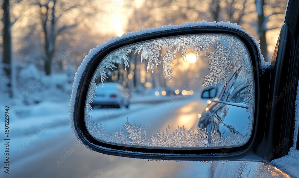 Frost crystals forming beautiful patterns on a car side mirror, Generative AI Frost crystals forming beautiful patterns on a car side mirror, Generative AI