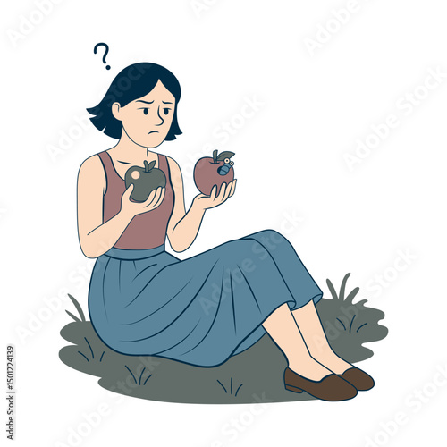 A cartoon girl on the grass is puzzled by a question. She is thinking which apple to choose. A green one, or a red wormy one. Confused woman choice