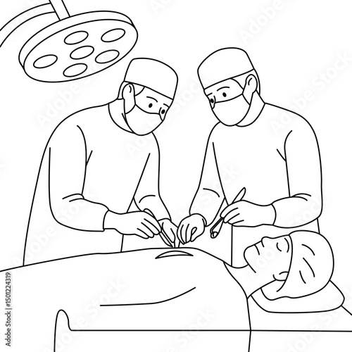 Surgical operation. Two surgeons on a patient in masks and with a working instrument. Linear medical illustration