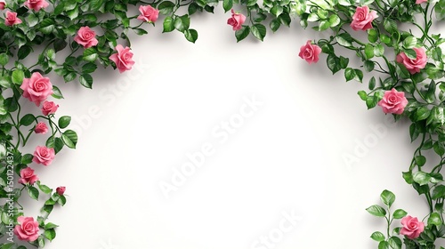 Fototapeta Naklejka Na Ścianę i Meble -  Pink roses and leaves frame a white background