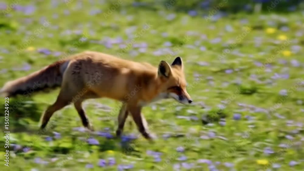 Elegant Fox Trotting Through Meadow Of Purple Flowers