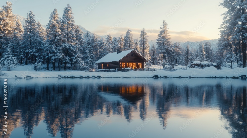 Obraz premium Cozy wooden cabin nestled beside a serene snow-covered lake at dawn, reflecting the warm light of the interior.