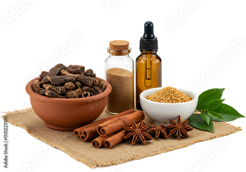 Aromatherapy and natural remedies featuring spices, herbs, and essential oils Isolated on transparent background photo
