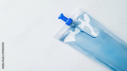 Clear hydration bag filled with blue liquid features a blue dispensing nozzle, placed on a light background for clarity.