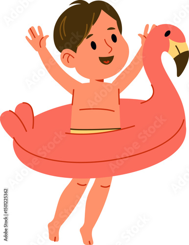 Child Boy with Flamingo Float