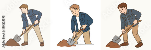 Vector of a teenage boy hoeing the ground, wearing a dark blue denim jacket and beige pants