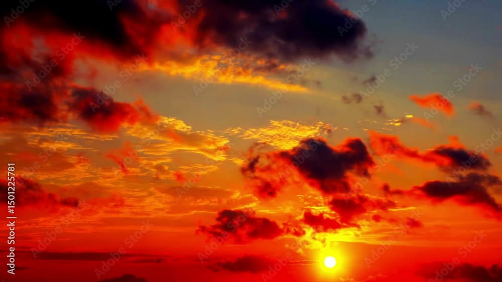 Colorful sunset sky with vivid orange and red clouds glowing in warm sunlight, creating a dramatic and beautiful evening scene.