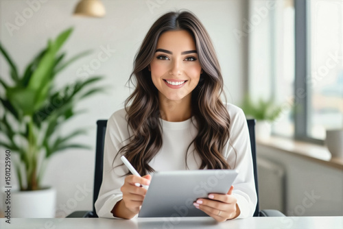 Free Download A smiling young woman with long brown hair sits at a desk, holding a stylus and looking at a tablet in a modern office setting. - GFXLoad
