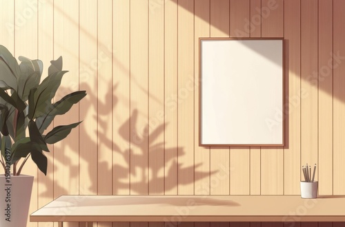Simple vector drawing of bright workspace, vertical wood slats,