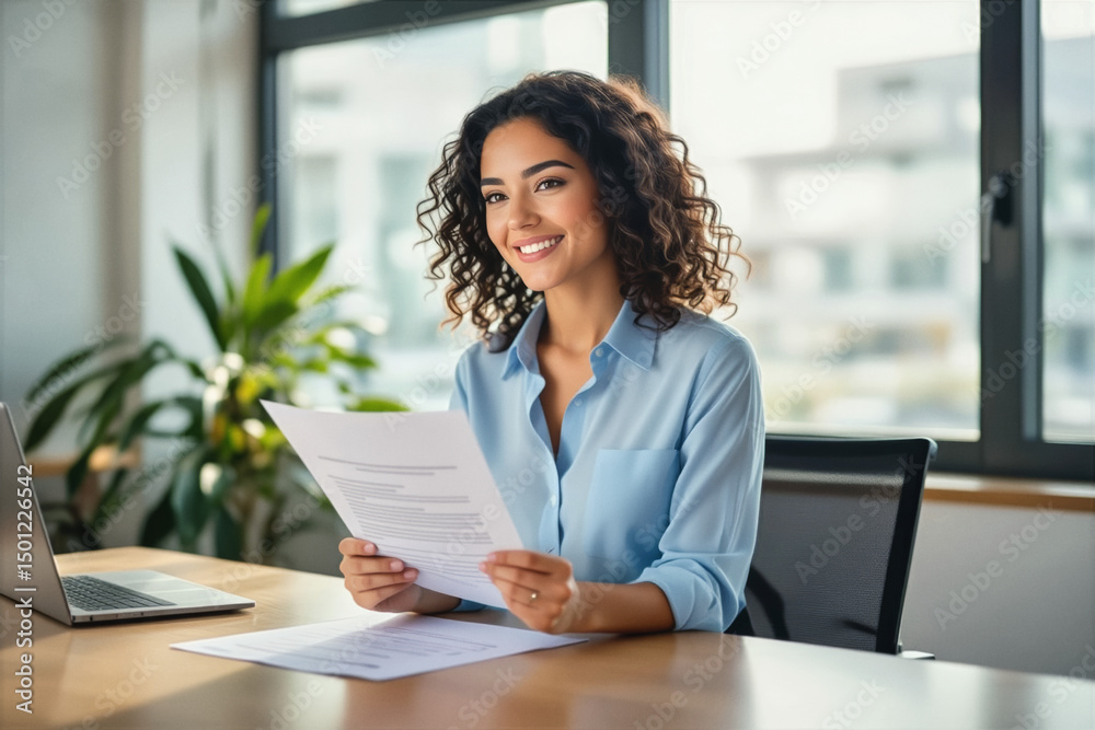 A smiling young woman with curly hair sits at a desk, holding a document and looking directly at the camera in a bright, modern office setting. A smiling young woman with curly hair sits at a desk, holding a document and looking directly at the camera in a bright, modern office setting.