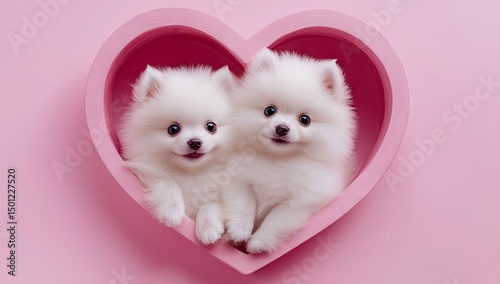 Two fluffy white Pomeranian puppies nestled in a pink heart-shaped frame