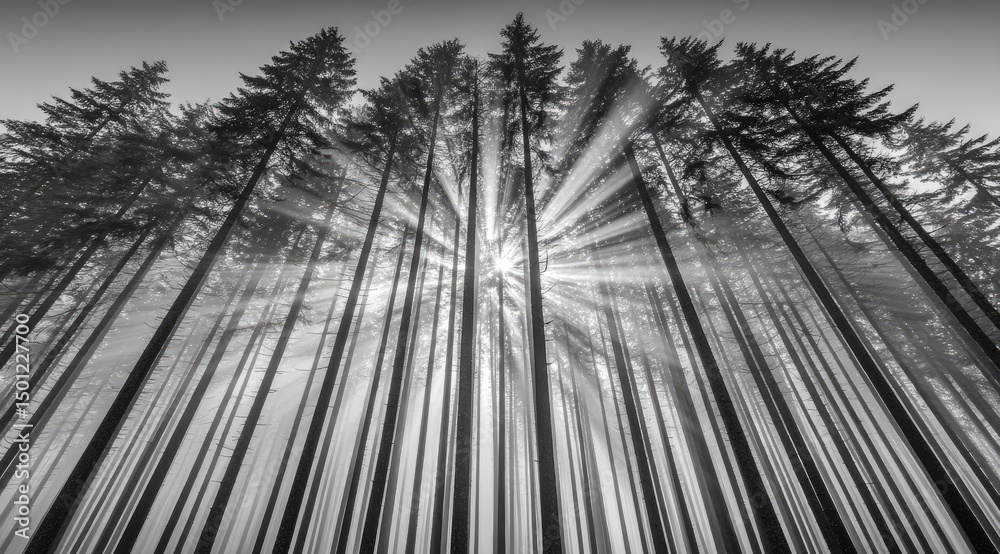 Obraz premium Sunlight piercing a misty forest (3)