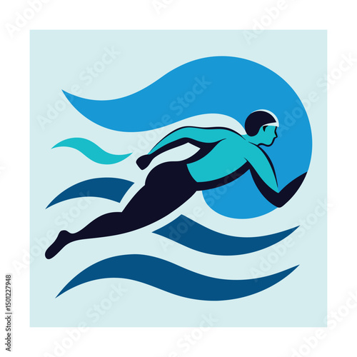 Vector illustration of a swimmer doing the freestyle stroke with blue water elements