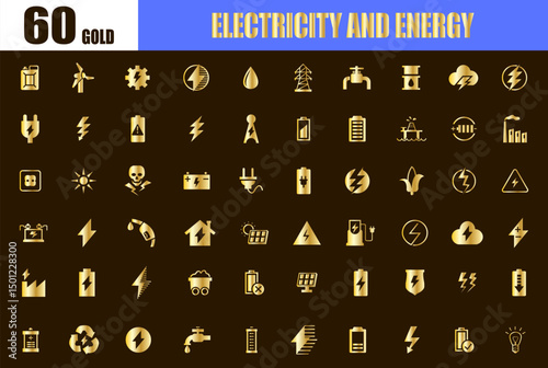 Electricity and energy luxury gold icons. alternative sources energy ecology sign icons. energy saving.