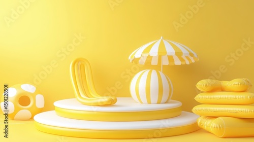Yellow summer shows a ball, beach umbrella, inflatable chair, and stack of rings