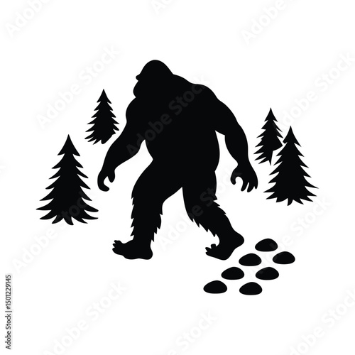 Bigfoot Walking, Silhouette on a White Background, A menacing hairy monster silhouette crouches menacingl