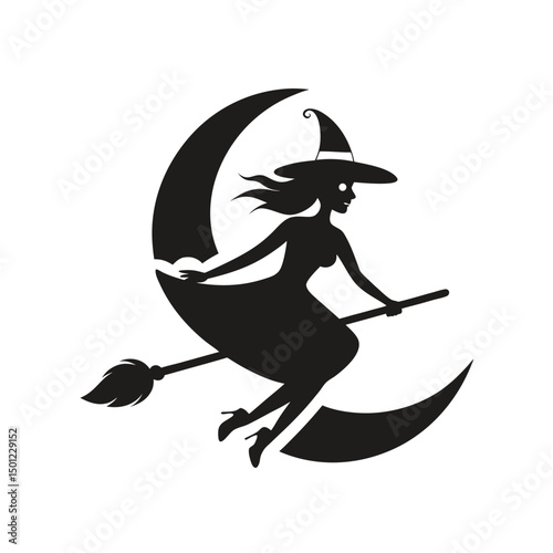 Silhouette of a witch flying on a broom in front of a crescent moon symbol for halloween
